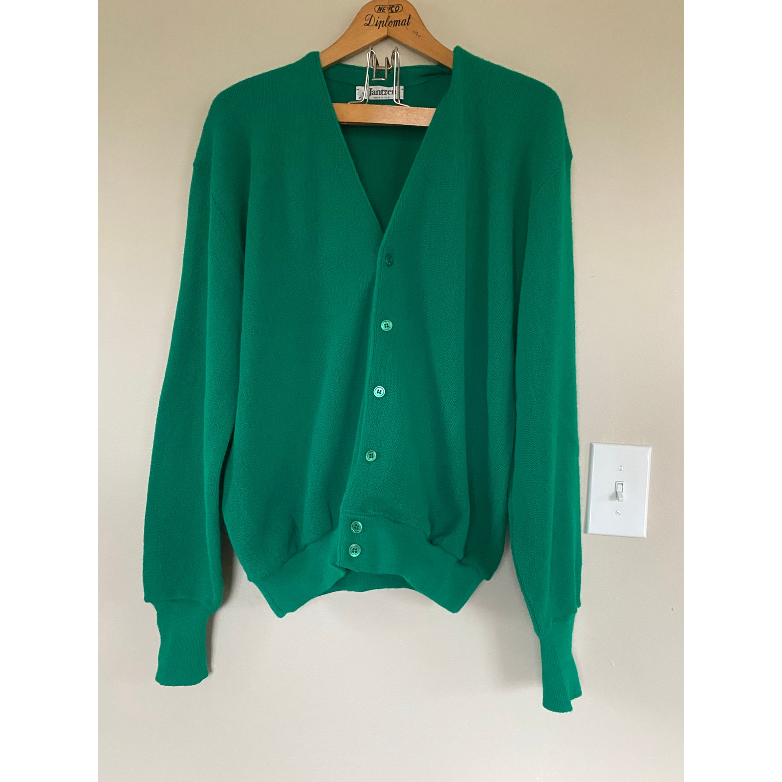 Euc Awesome Vintage Jantzen Mens Kelly Green Cardigan Grandpa Academia Sz Large